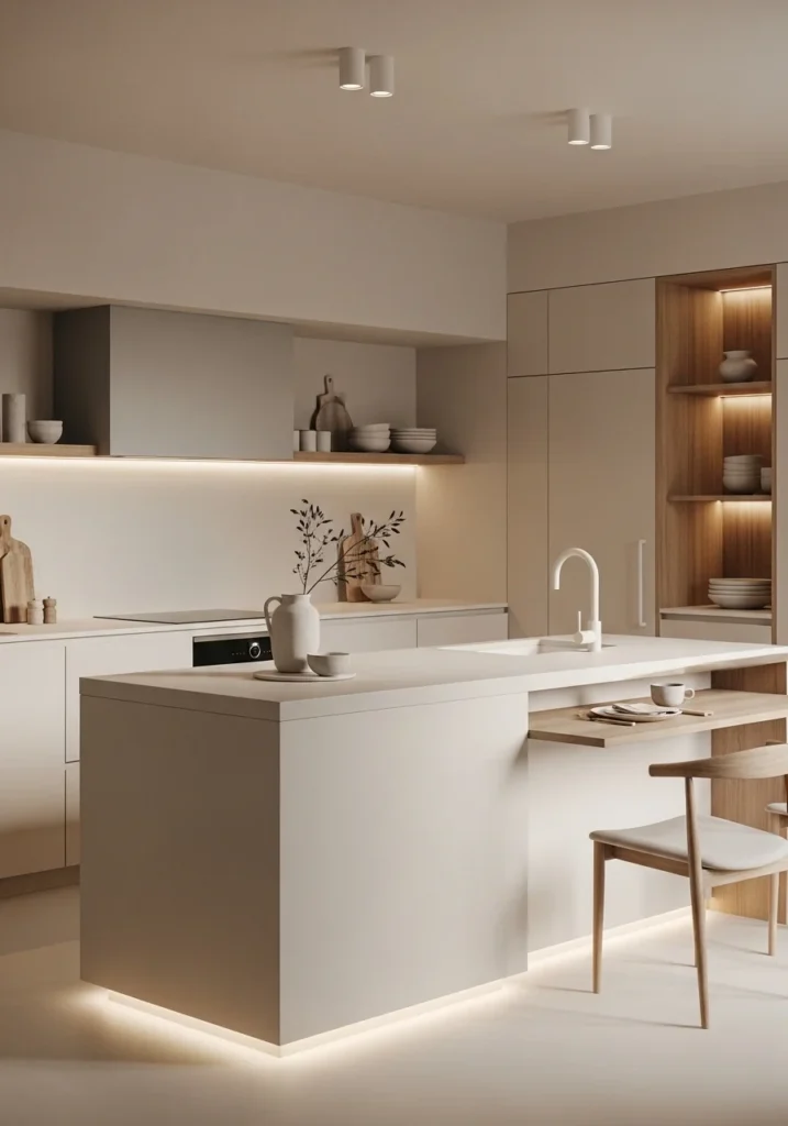 Matte finish waterfall island in a soft modern kitchen design