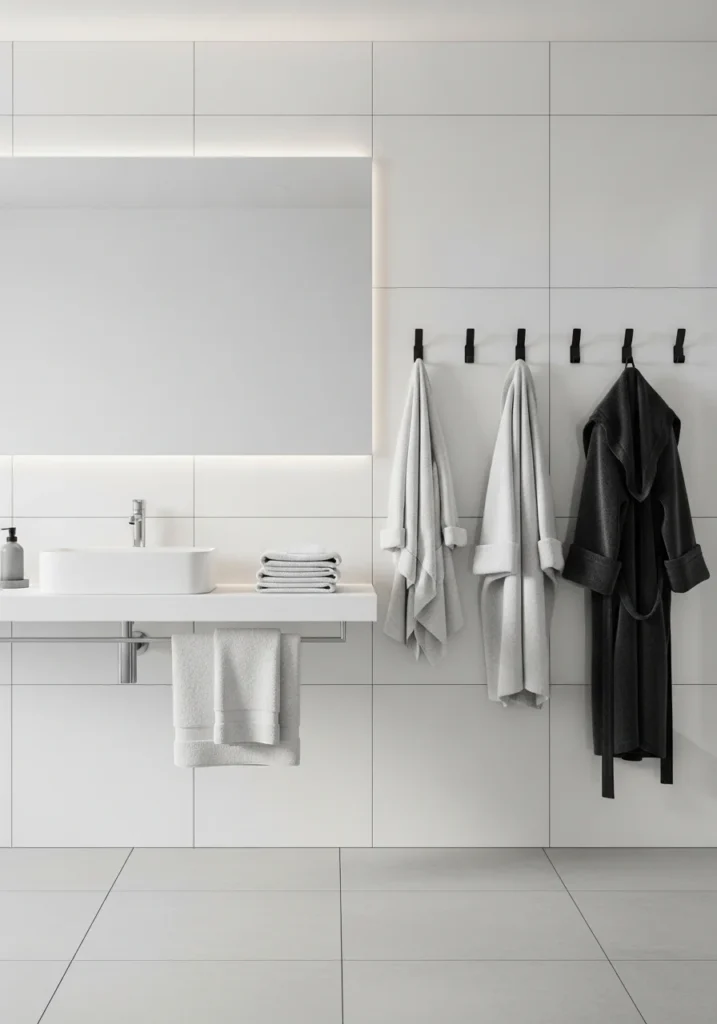 Wall hooks holding towels and robes in a compact bathroom.