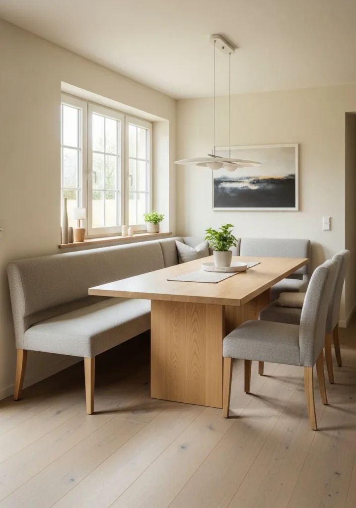 Dining bench seating in living dining combo for flexible use