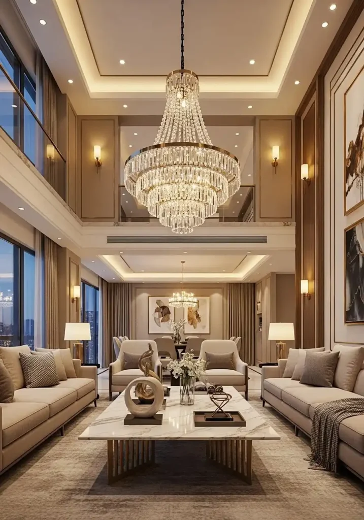 Luxury living room with statement crystal chandelier and elegant neutral furniture creating a high-end interior look.