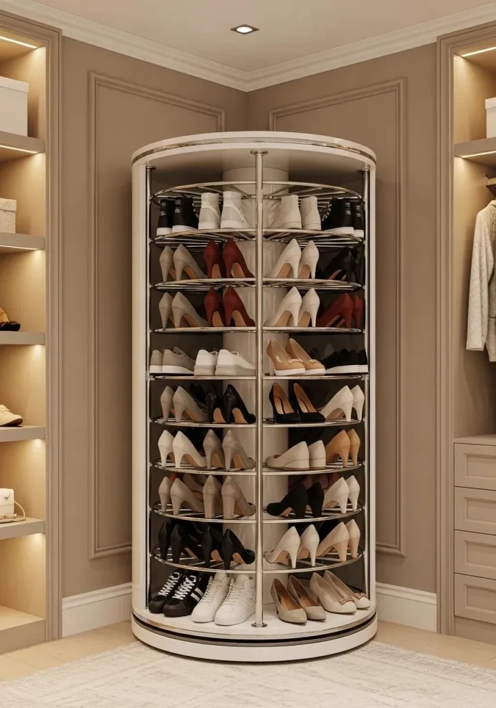 Rotating carousel shoe rack for small spaces with organized shoes
