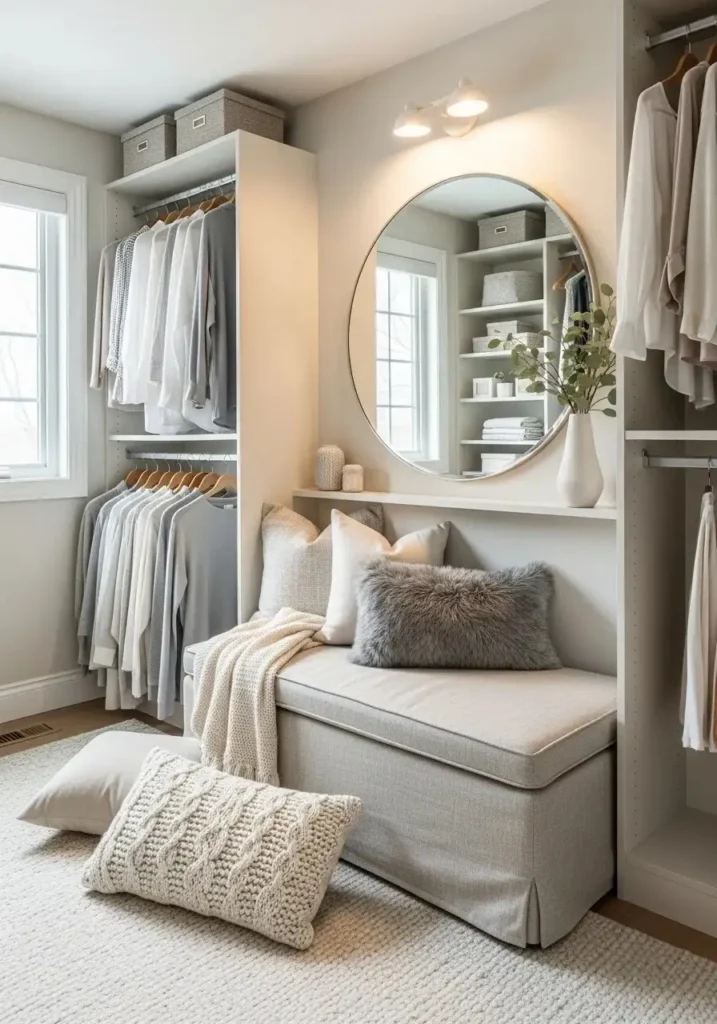 Small seating area in closet adding comfort and style