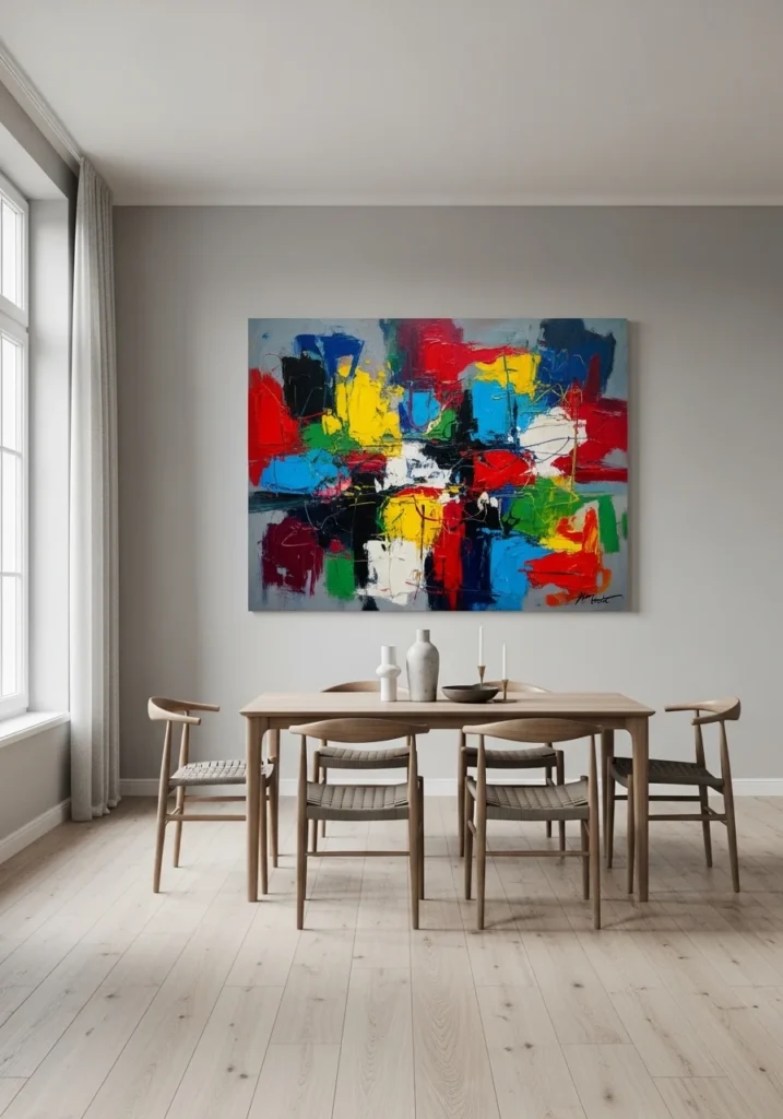 Dining room with bold abstract artwork adding color and personality to a neutral space