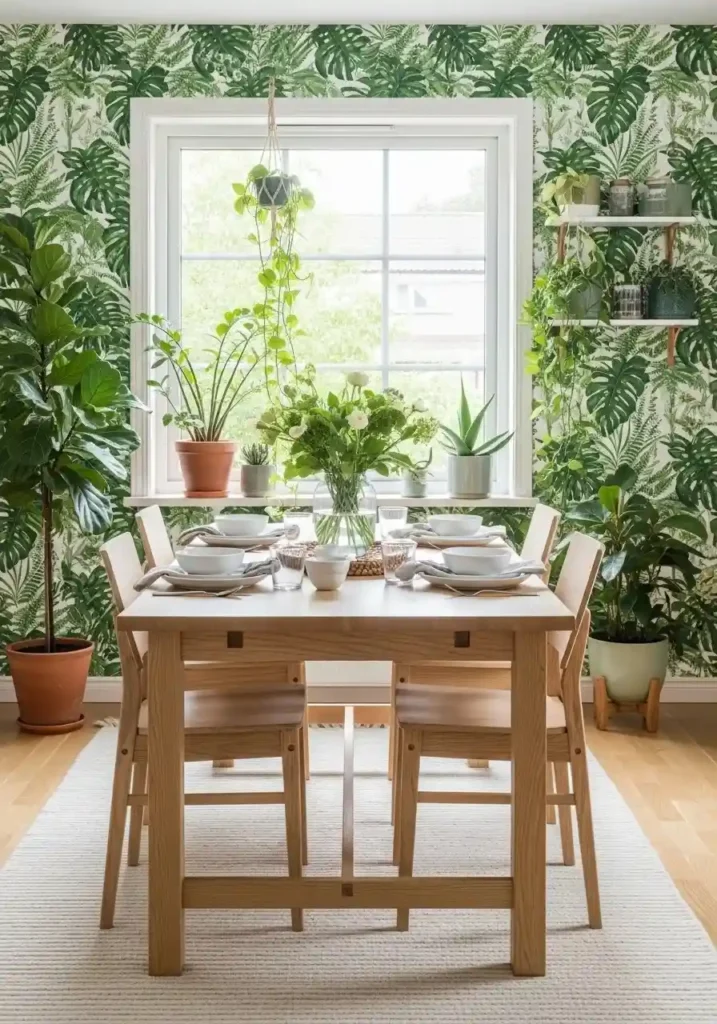 Botanical wallpaper bringing nature-inspired freshness to dining room
