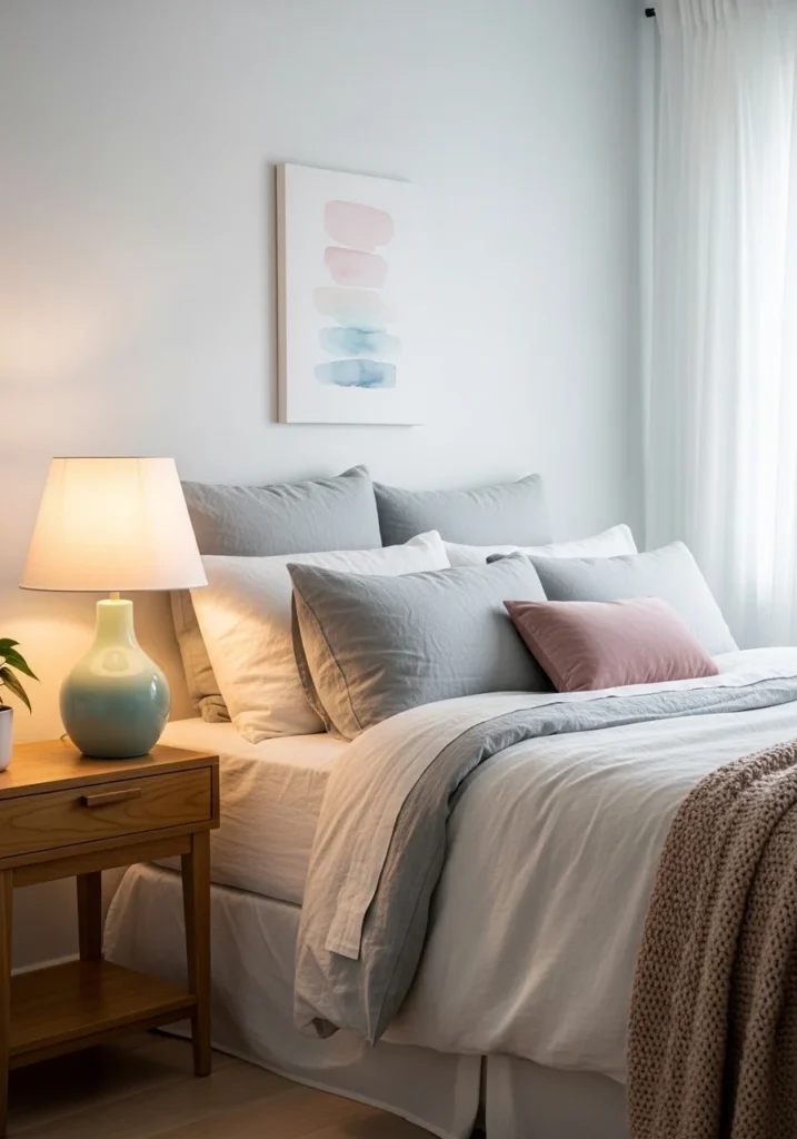 Soft colored bedroom lamp adding gentle personality to space