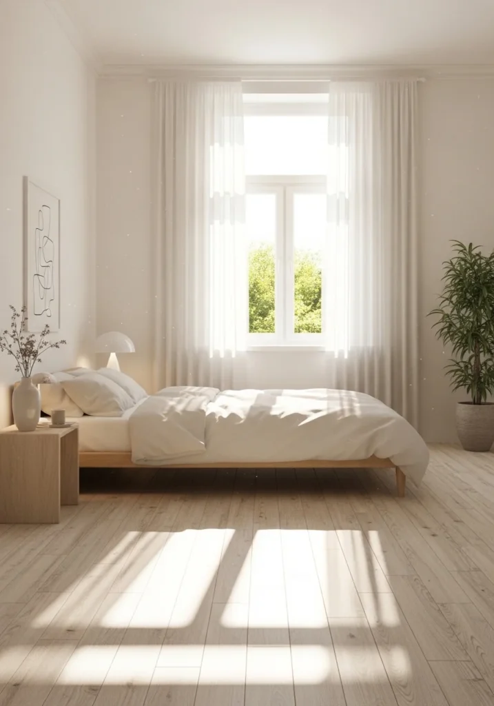 Small bedroom filled with natural light and sheer curtains