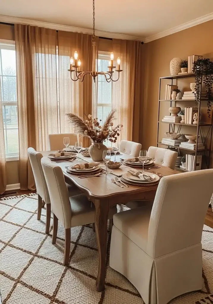 Caramel color drenched dining room with warm cozy styling