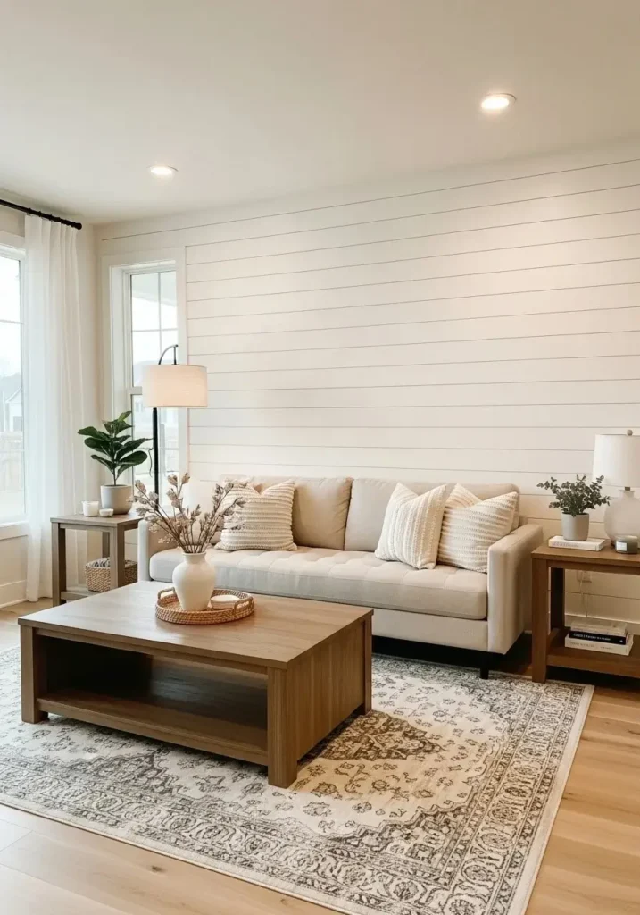 White shiplap farmhouse accent wall with cozy neutral living room decor