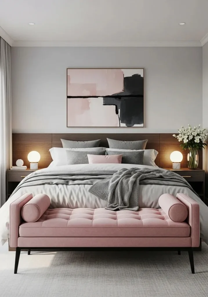 Pink bench with black details adding style and function to bedroom