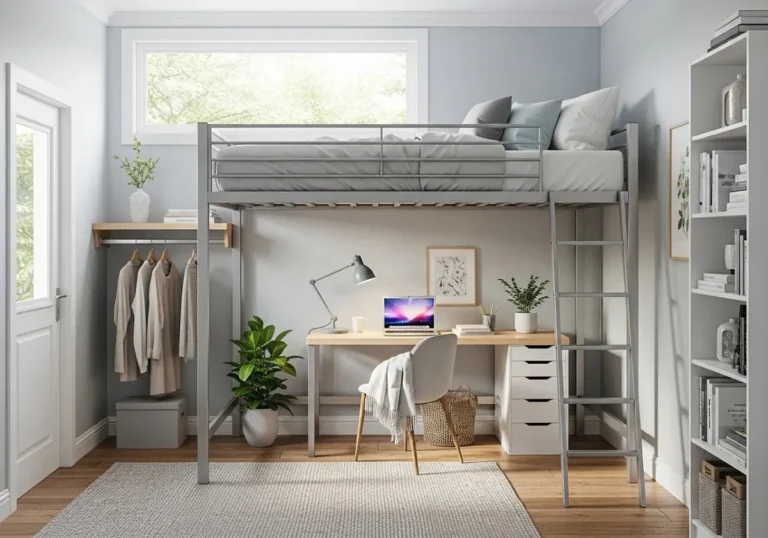 Full view of bedroom with loft bed look