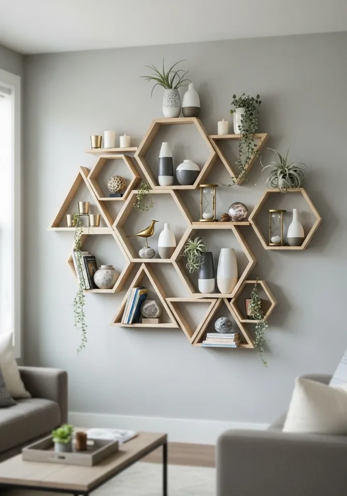 Geometric wall shelves in living room creating artistic focal points with plants and décor