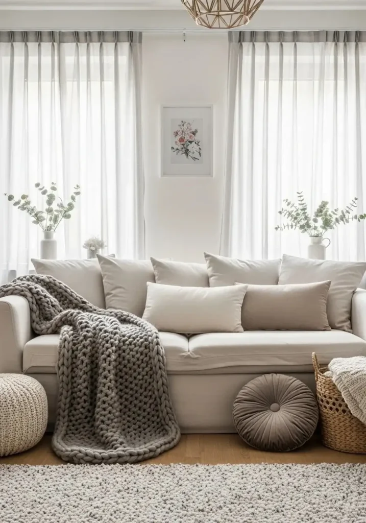 Layered textiles on a sofa with cushions and throws making apartment living room cozy