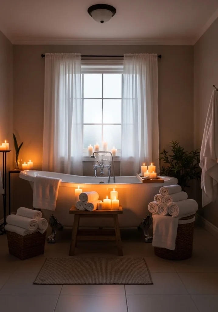 Spa-inspired styling making small bathroom with tub feel relaxing and luxurious