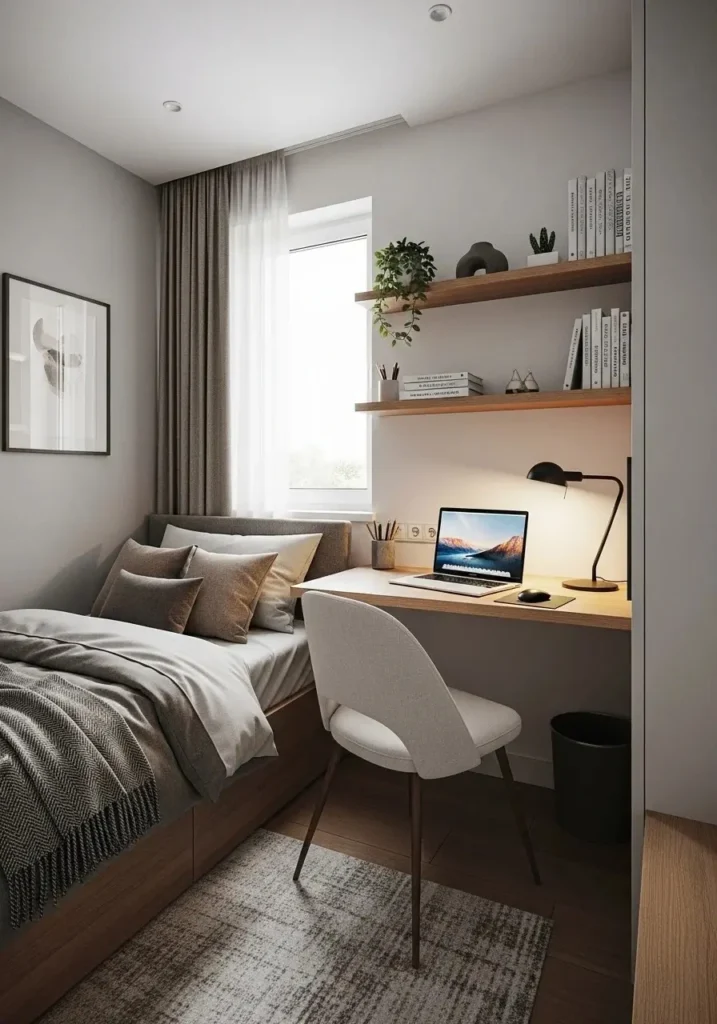Small bedroom with integrated home office workspace