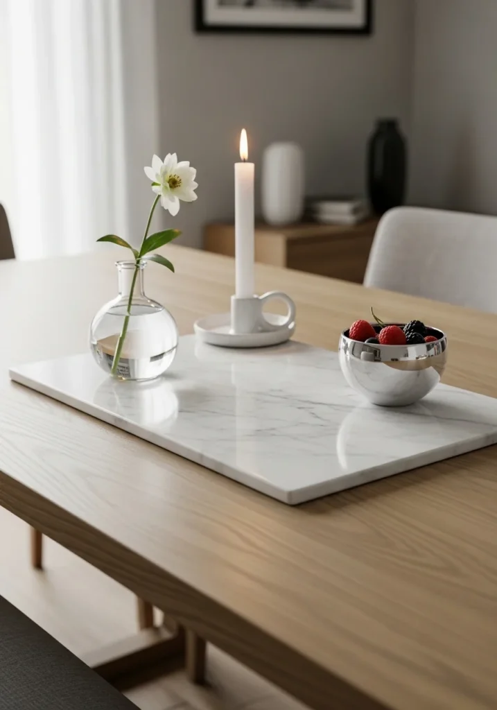 Marble board centerpiece styled with decor for modern table look