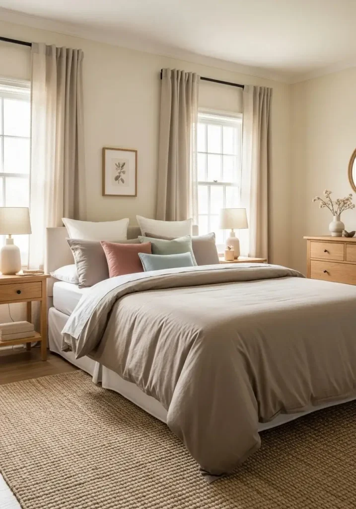 Calm guest room with neutral colors, natural textures, and soothing décor for relaxation