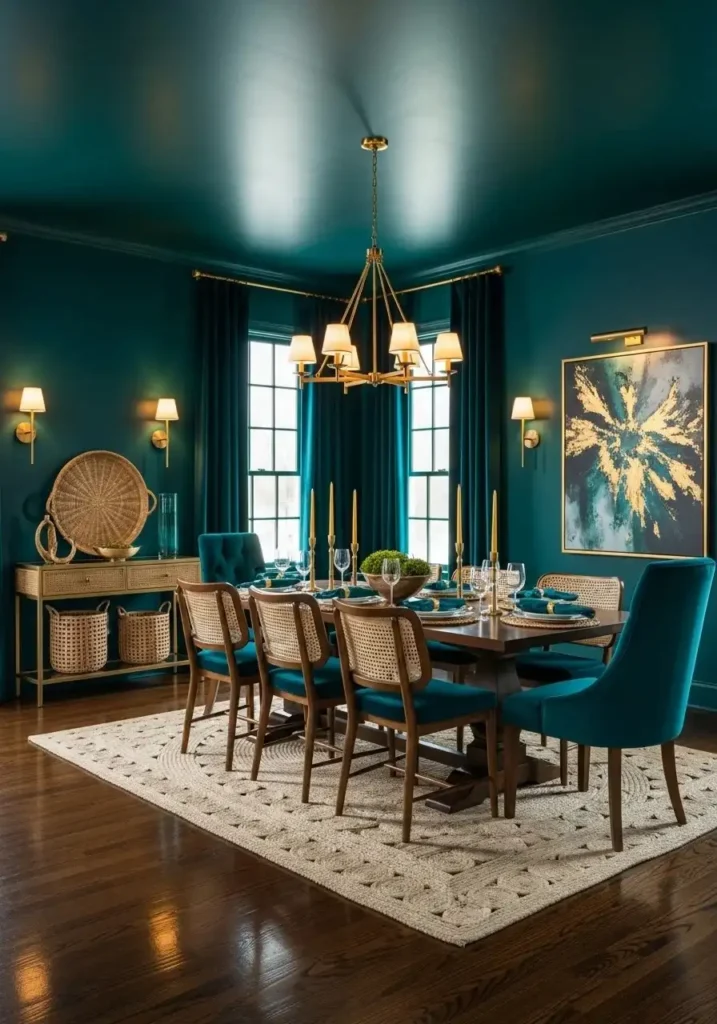 Teal color drenched dining room with modern luxury style