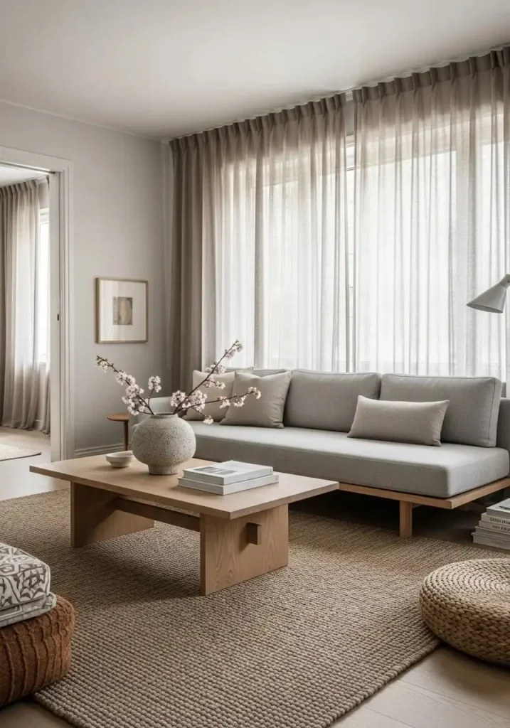 Low furniture Japandi living room with grounded design