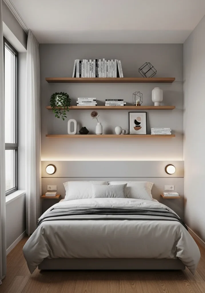 Small bedroom with wall-mounted floating shelves for storage