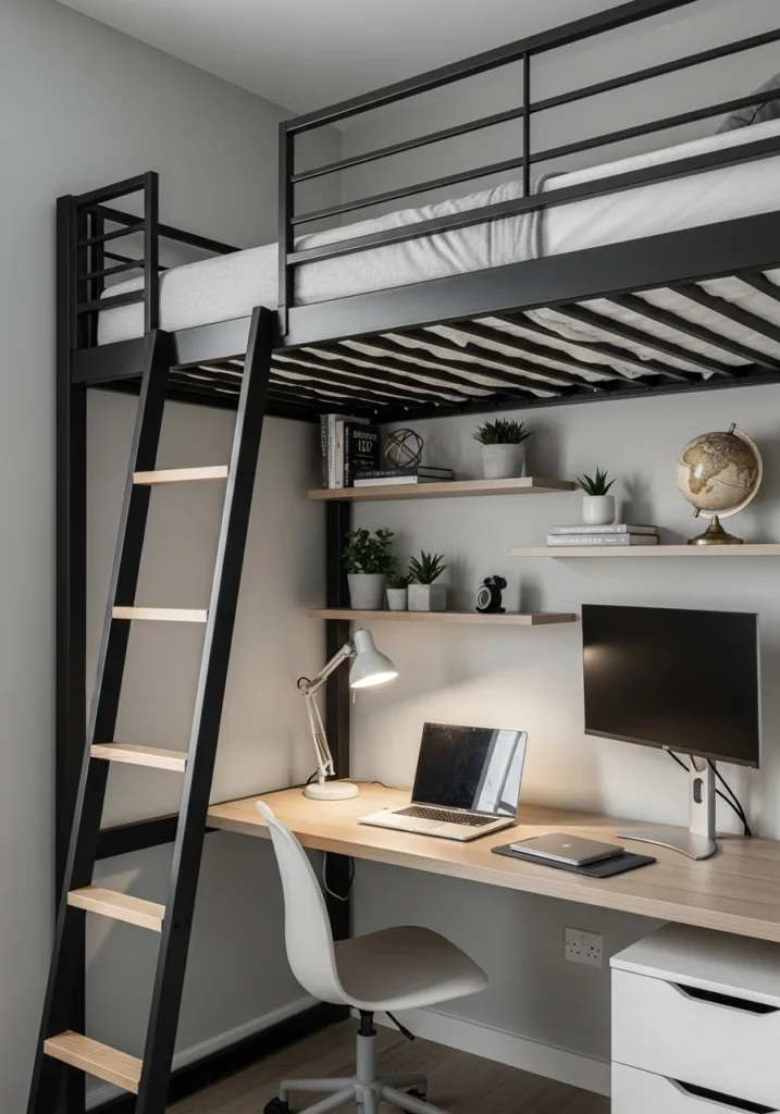 Loft bed with compact home office setup underneath