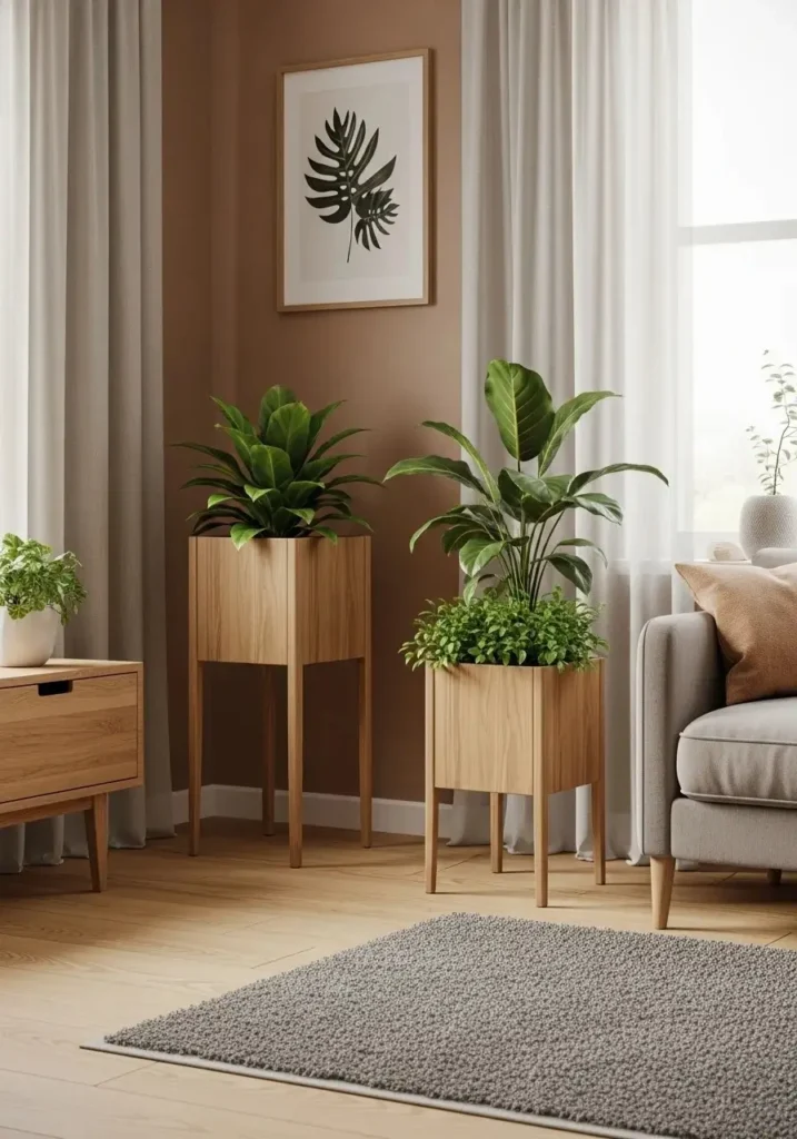 Wooden planters with plants shown in a full cozy natural setup