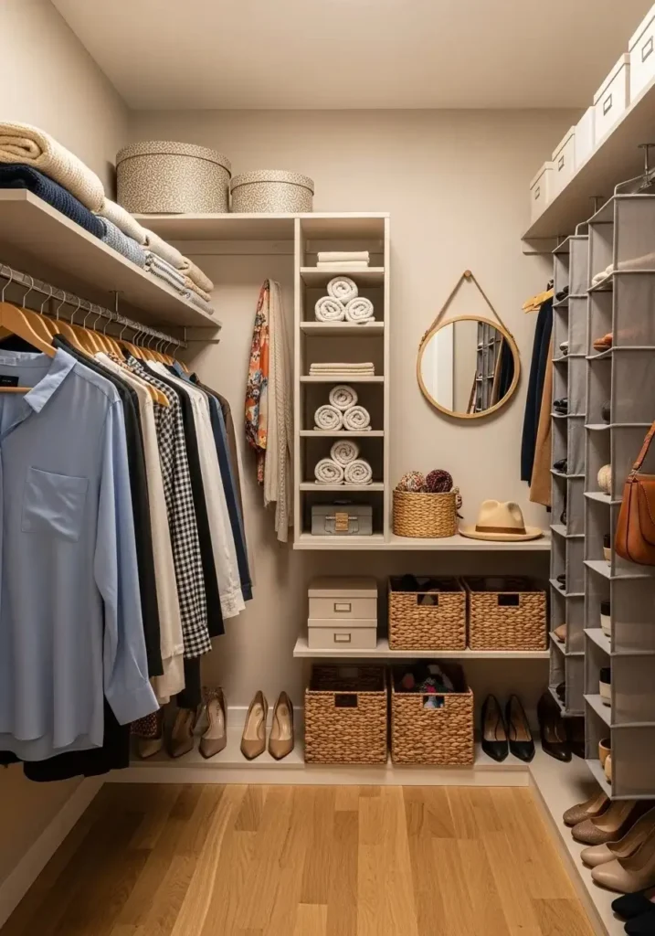 Small bedroom closet with smart storage and organized clothes system