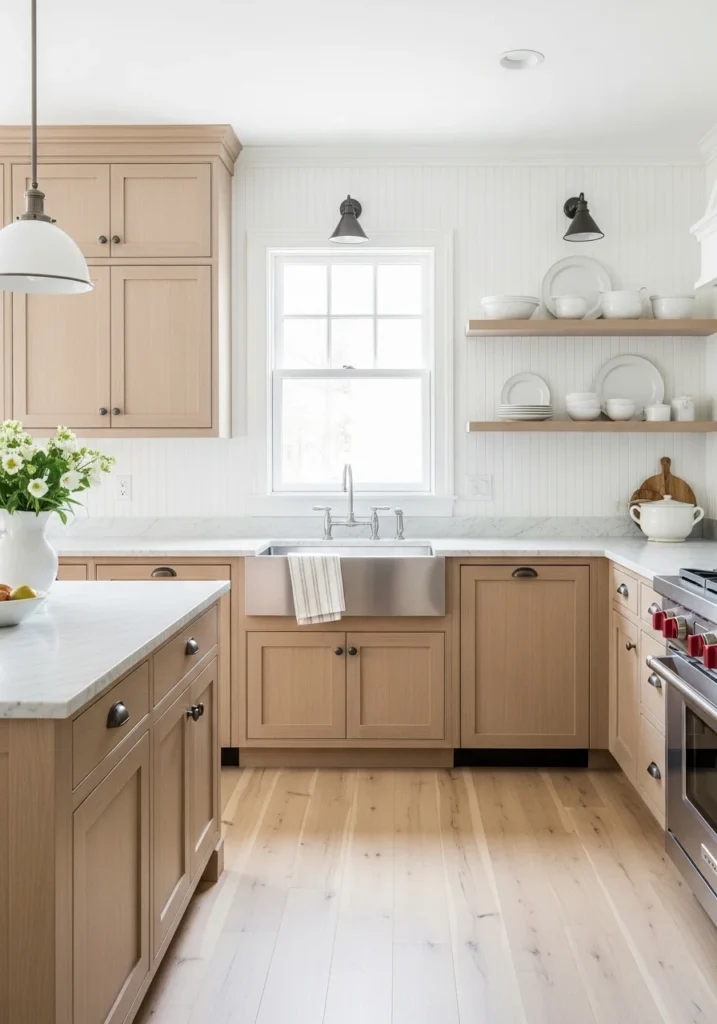 White beadboard backsplash creating a timeless farmhouse kitchen look