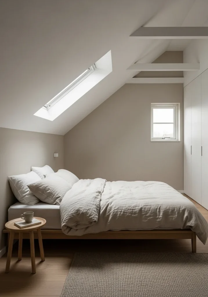 Minimalist attic bedroom with neutral colors and soft textures creating a calm space