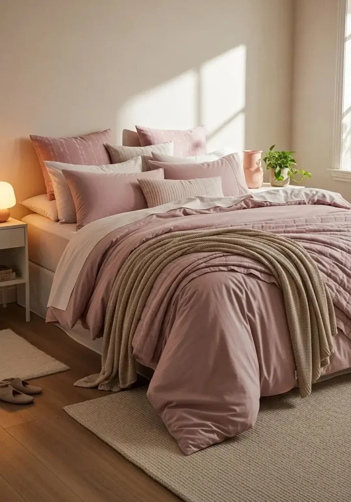 Layered pink bedding with cozy textures for a warm and stylish bedroom look
