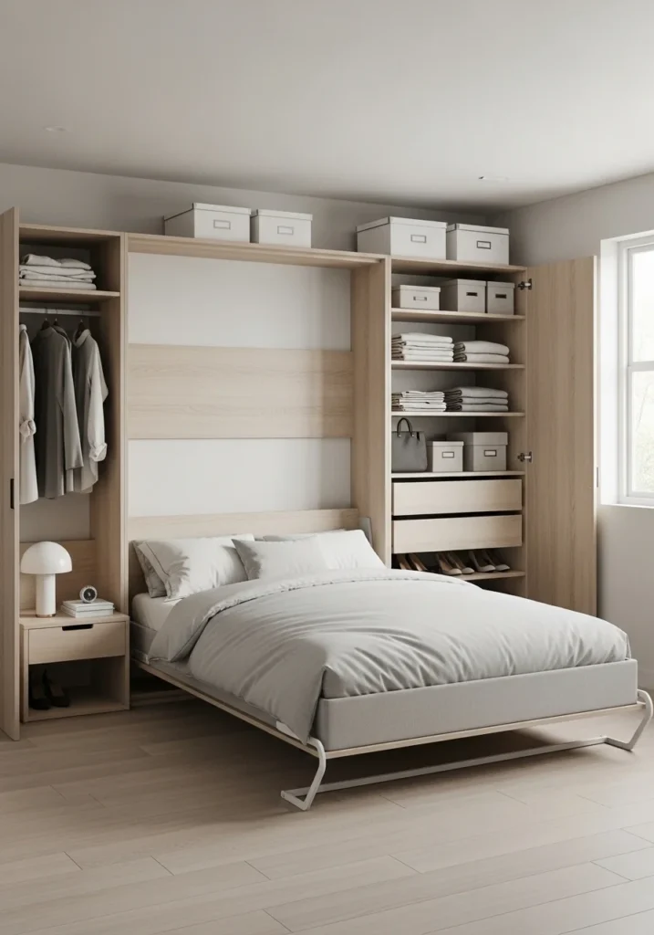 Murphy bed with wardrobe storage maximizing small bedroom space