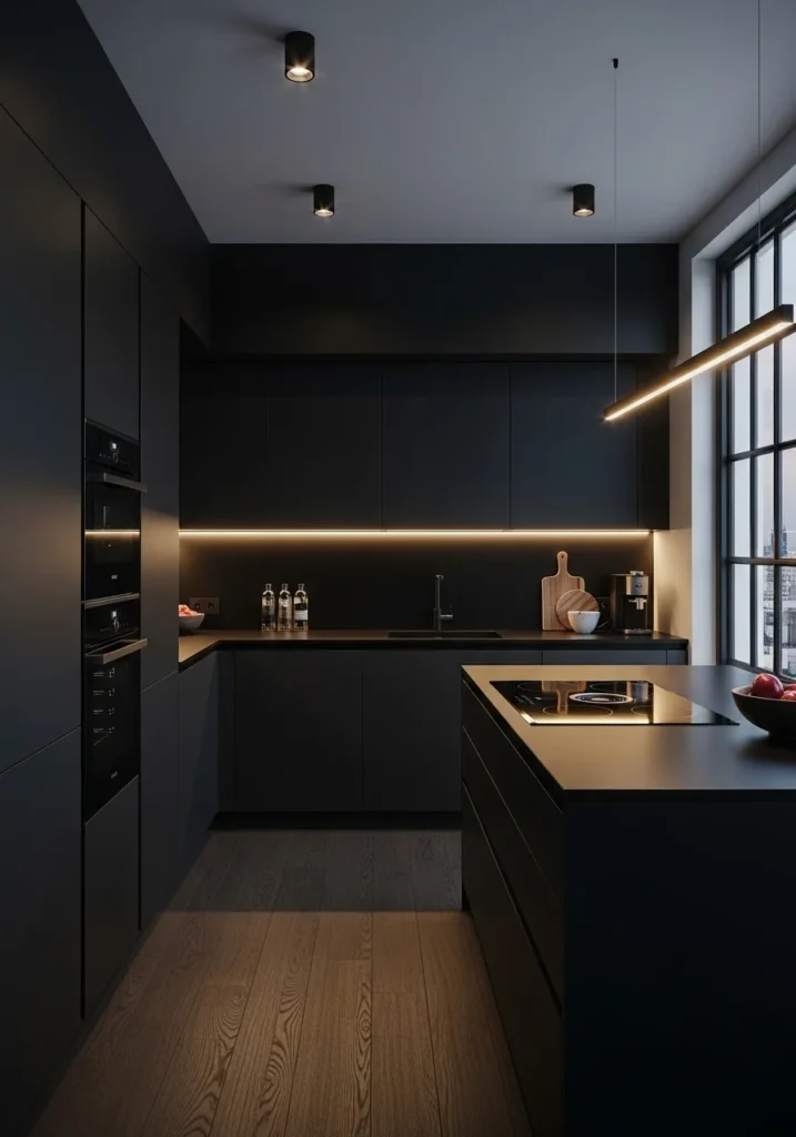 Matte black kitchen with black countertops for bold modern look
