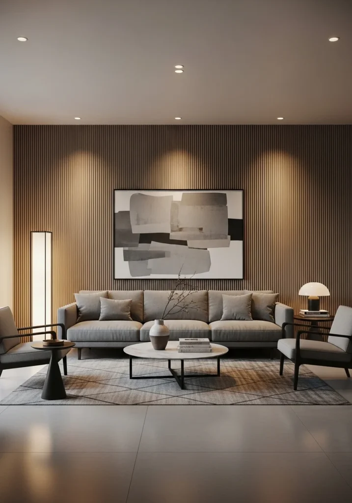 Grey couch with textured accent wall adding depth and style