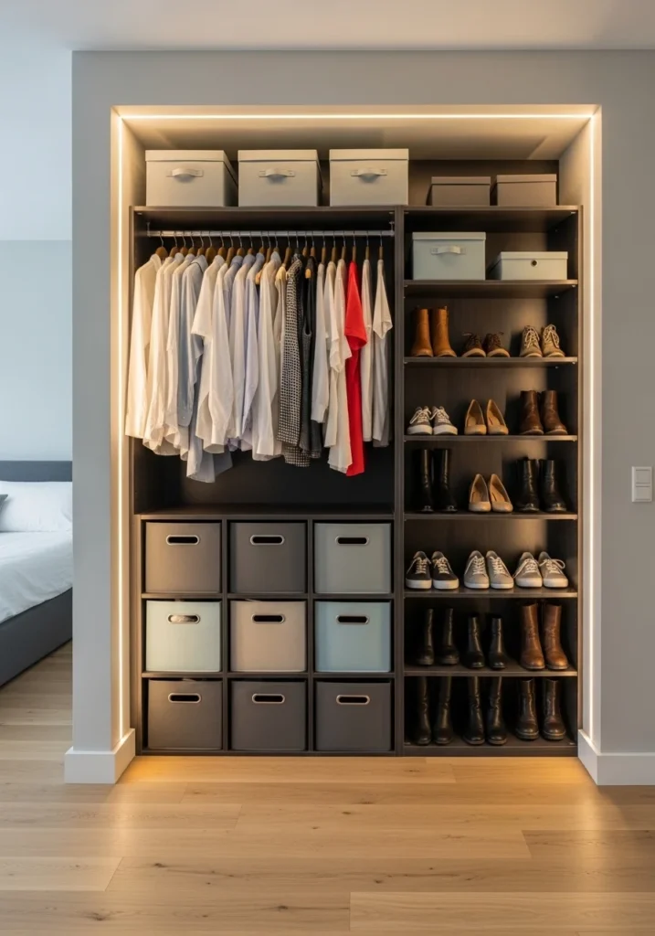 open closet with hanging rods and cube storage organization system