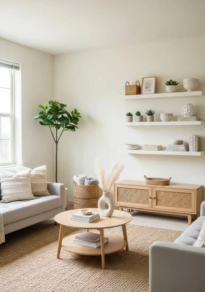 Stylish storage in apartment living room with baskets and shelves keeping space clutter-free