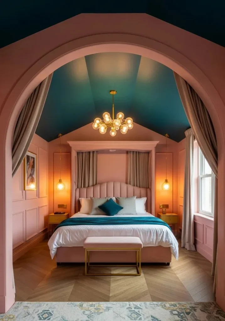 Blush pink bedroom with dramatic teal ceiling design
