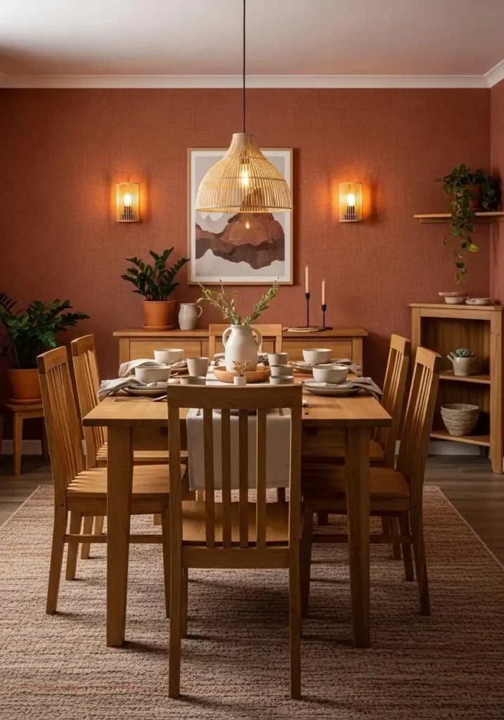 Earth-tone wallpaper creating warm and cozy dining space