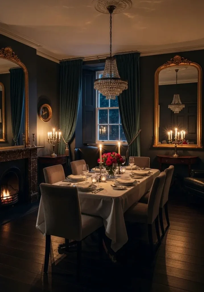 moody dining room with mirror reflecting warm light