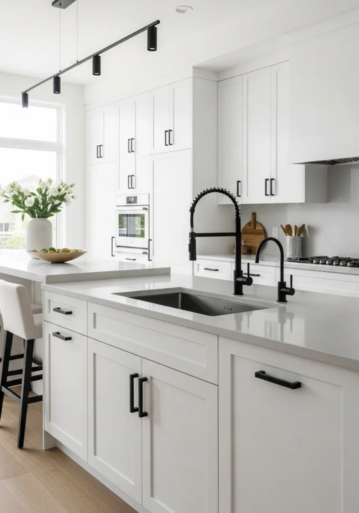 black accents white kitchen modern contrast style