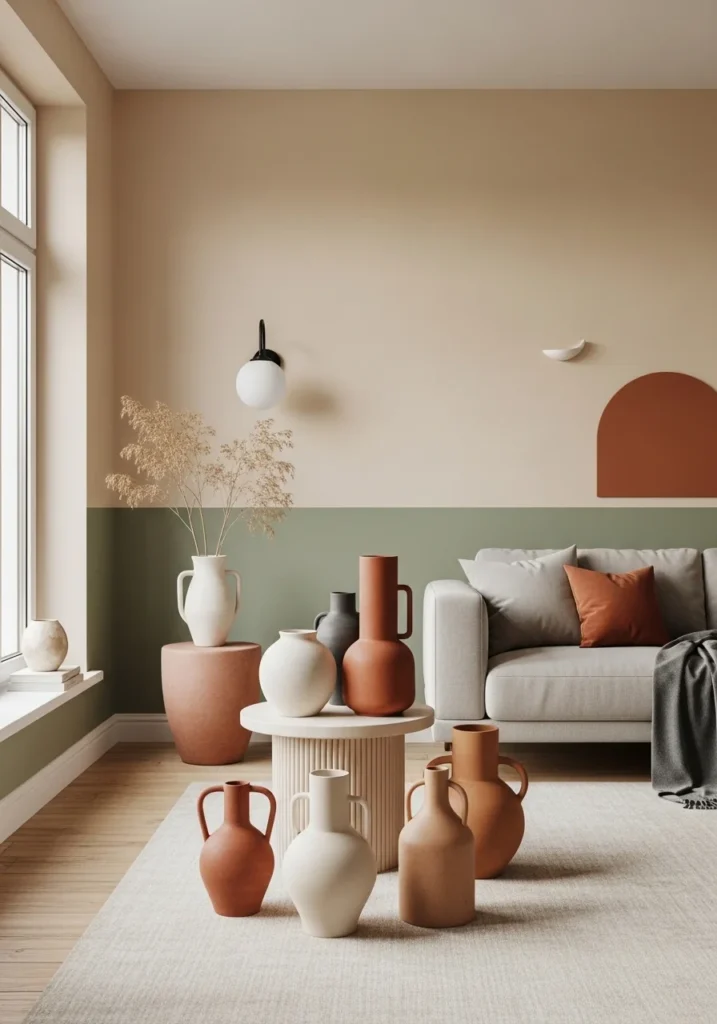Handmade ceramic decor in Japandi living room