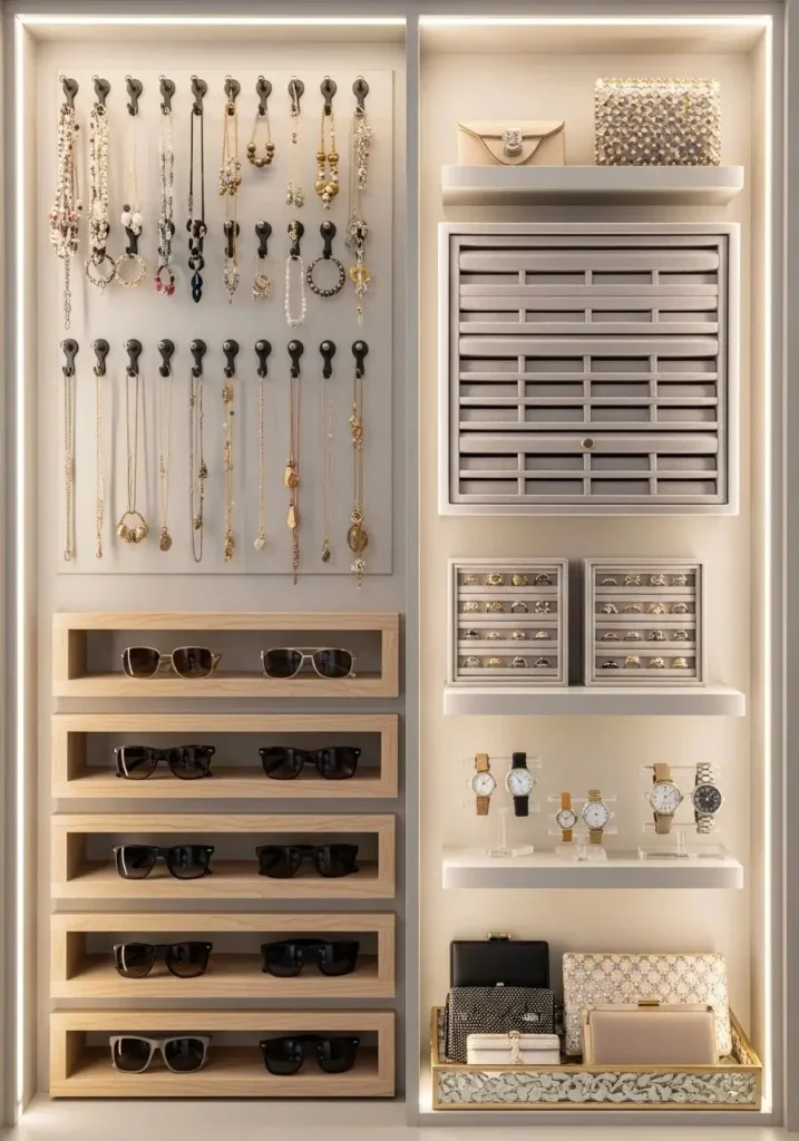Accessory wall in closet for jewelry and small items organization