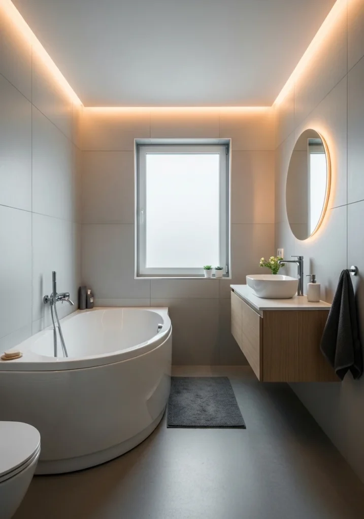 Curved bathtub improving flow in compact bathroom space