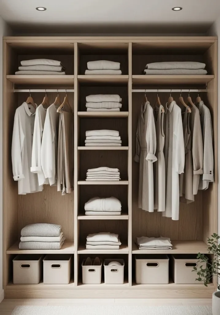 neutral toned open closet with calm and organized aesthetic