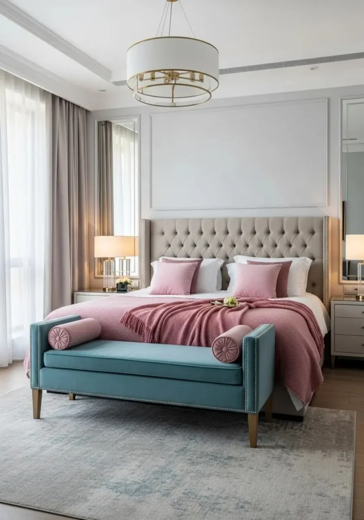 Teal bench styled with pink cushions in bedroom decor