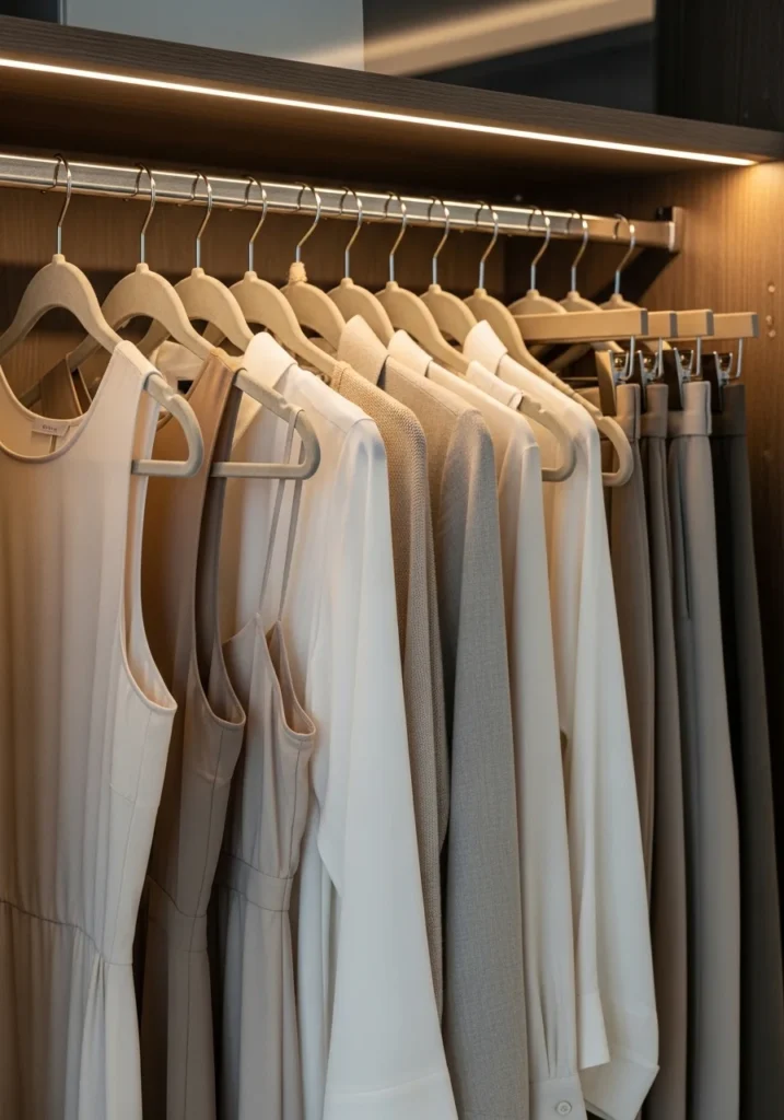 Velvet hangers creating uniform look in small closet