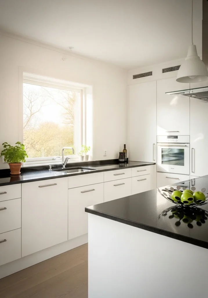 Black countertops with white cabinets creating classic kitchen contrast
