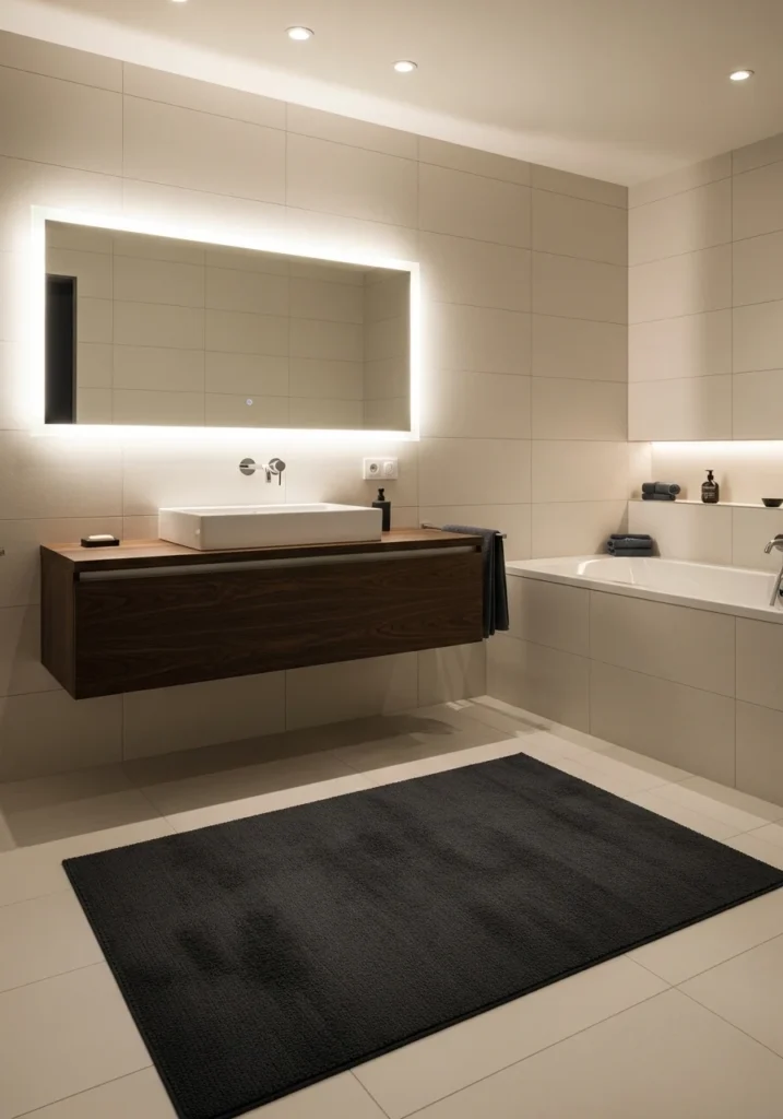 Dark bathroom rug creating contrast and depth in light space