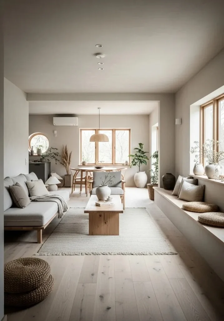 Open space Japandi living room with minimal layout