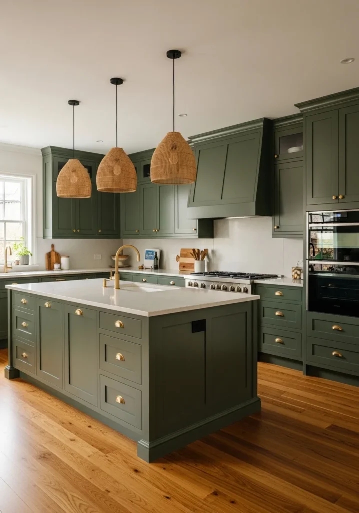 Green kitchen cabinets with warm wooden floor design