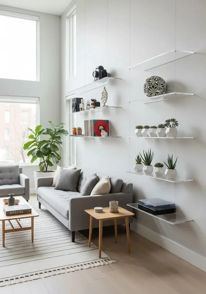 Transparent acrylic shelves creating an open and minimalistic display in living room.