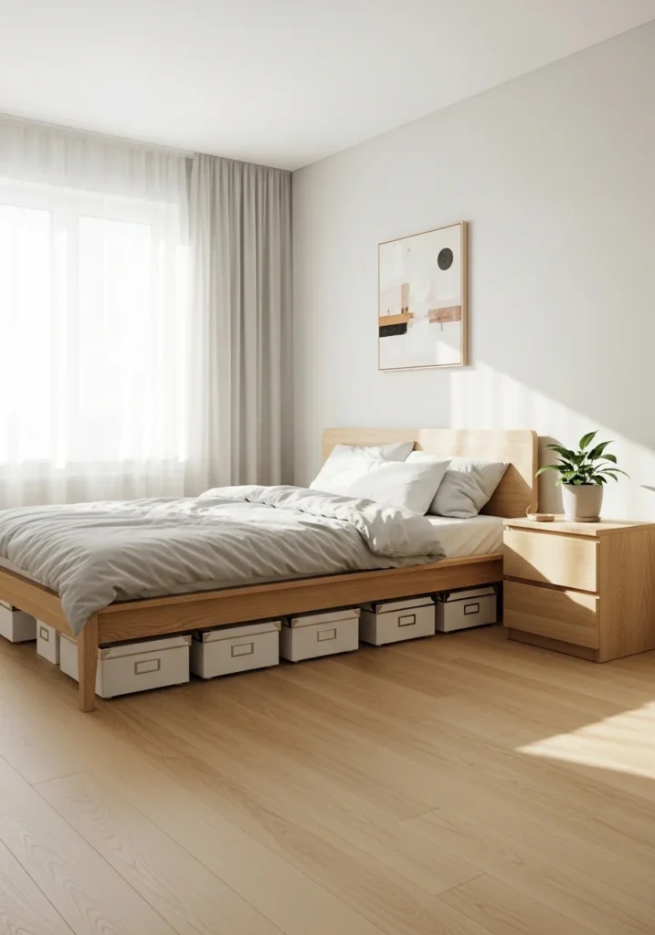 Small bedroom with under-bed storage boxes and organized layout